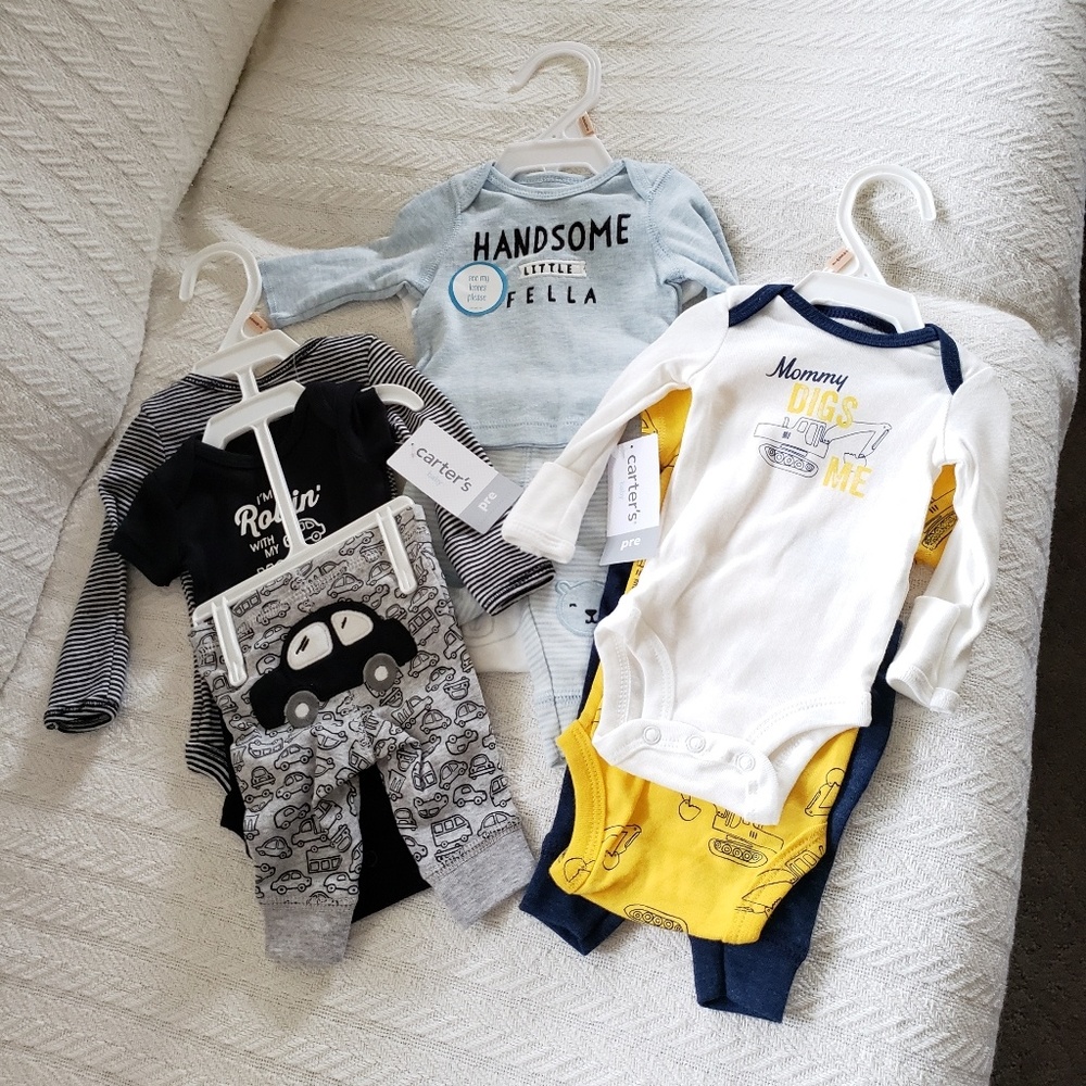 New! 3 sets preemie baby boy Carters outfits